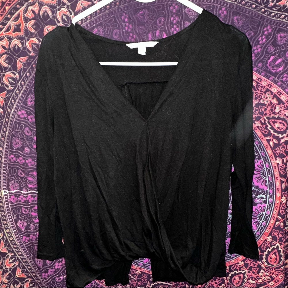 American Eagle Outfitters Black Wrap Blouse 3/4 Sleeve - Picture 2 of 3